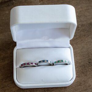 10K WHITE GOLD TRIO RINGS EMERALD GARNET SAPPHIRE